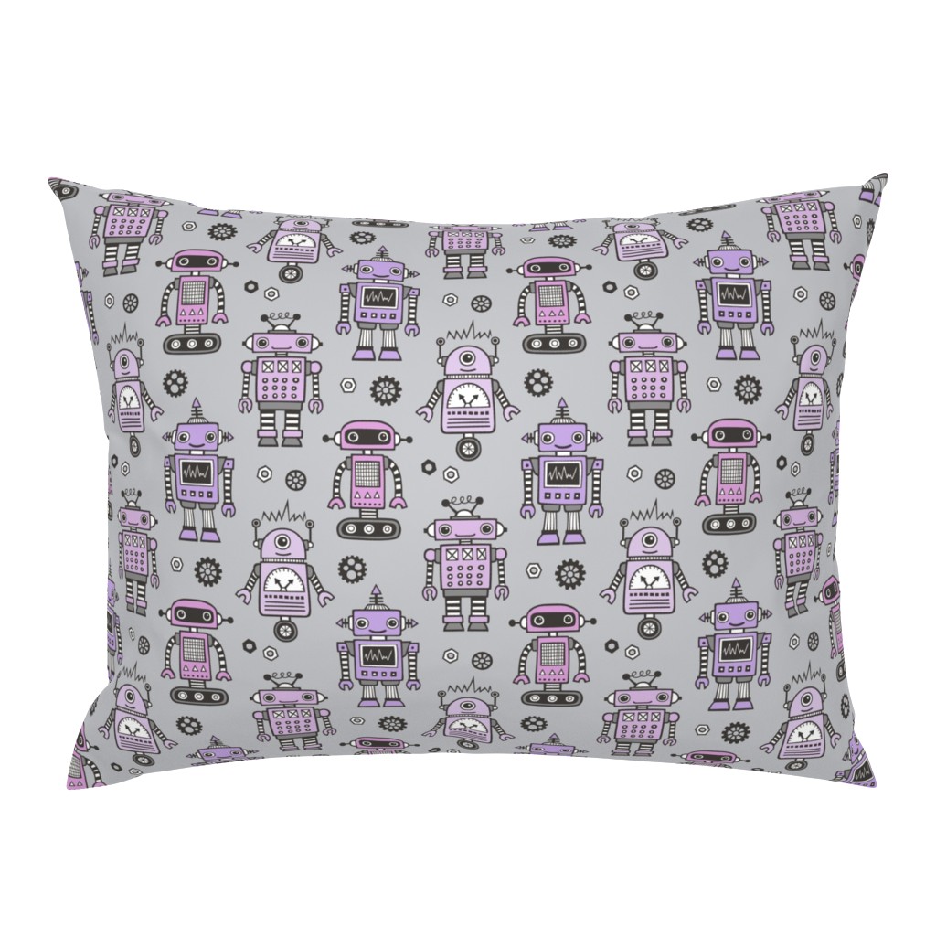 Retro Robots Purple on Grey