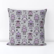 Retro Robots Purple on Grey