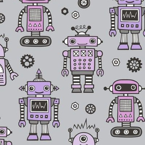 Retro Robots Purple on Grey