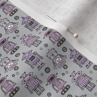 Retro Robots Purple on Grey tiny small 1 inch