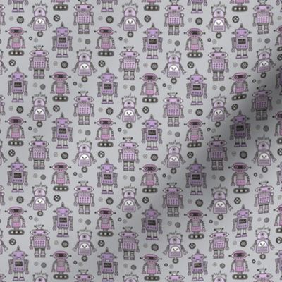 Retro Robots Purple on Grey tiny small 1 inch