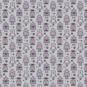 Retro Robots Purple on Grey tiny small 1 inch