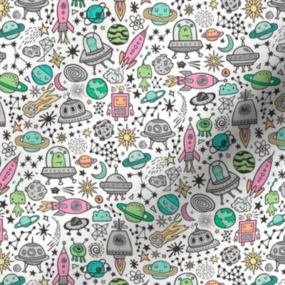 Space Galaxy Universe Doodle with Aliens, Pink Rockets, Mint Planets, Robots & Stars on White Smaller