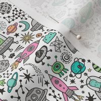 Space Galaxy Universe Doodle with Aliens, Pink Rockets, Mint Planets, Robots & Stars on White Smaller