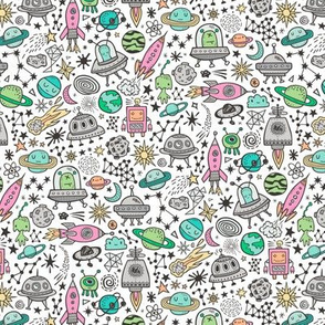 Space Galaxy Universe Doodle with Aliens, Pink Rockets, Mint Planets, Robots & Stars on White Smaller