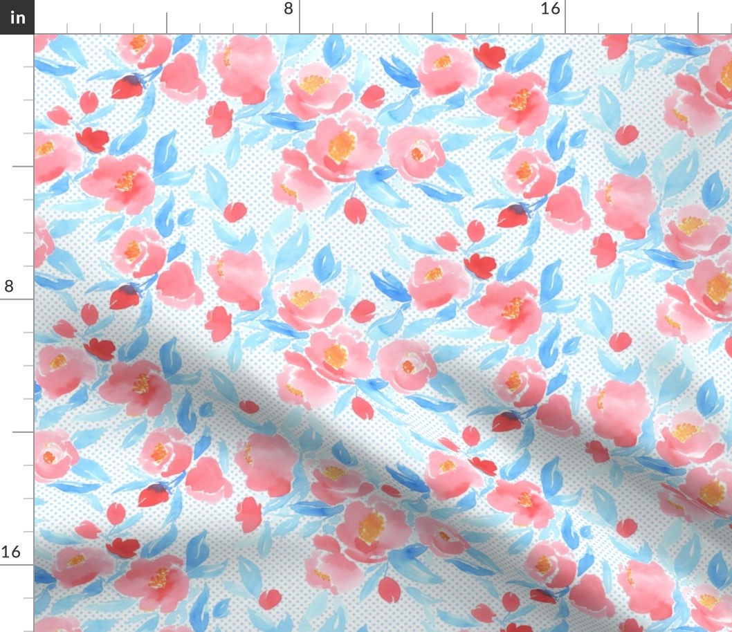 Watercolor Floral Dot Blush Blue Dot on White