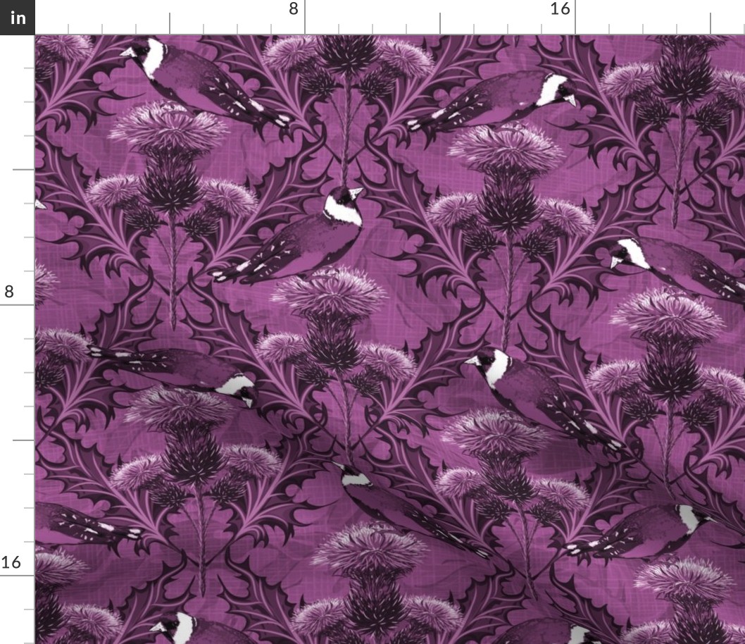 Ancient Scottish Thistle Flower, Purple Monochrome  Purple Thistle Flower, Historical Crafstman Style with Happy Native Finch Birds, Painterly Thistle Floral Traditional Cottage Country House Décor, Elegant Artistic Timeless Arts and Crafts, Highland Gold