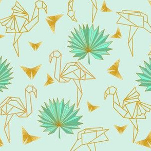 Gold Origami Flamingoes & Palms & Butterflies (mint) N2
