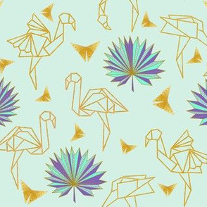 Gold Origami Flamingos & Palms & Butterflies (mint) N2