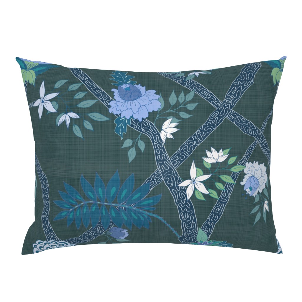 Deluxe Peony Branch Mural- Blue Greens on Dark Emerald