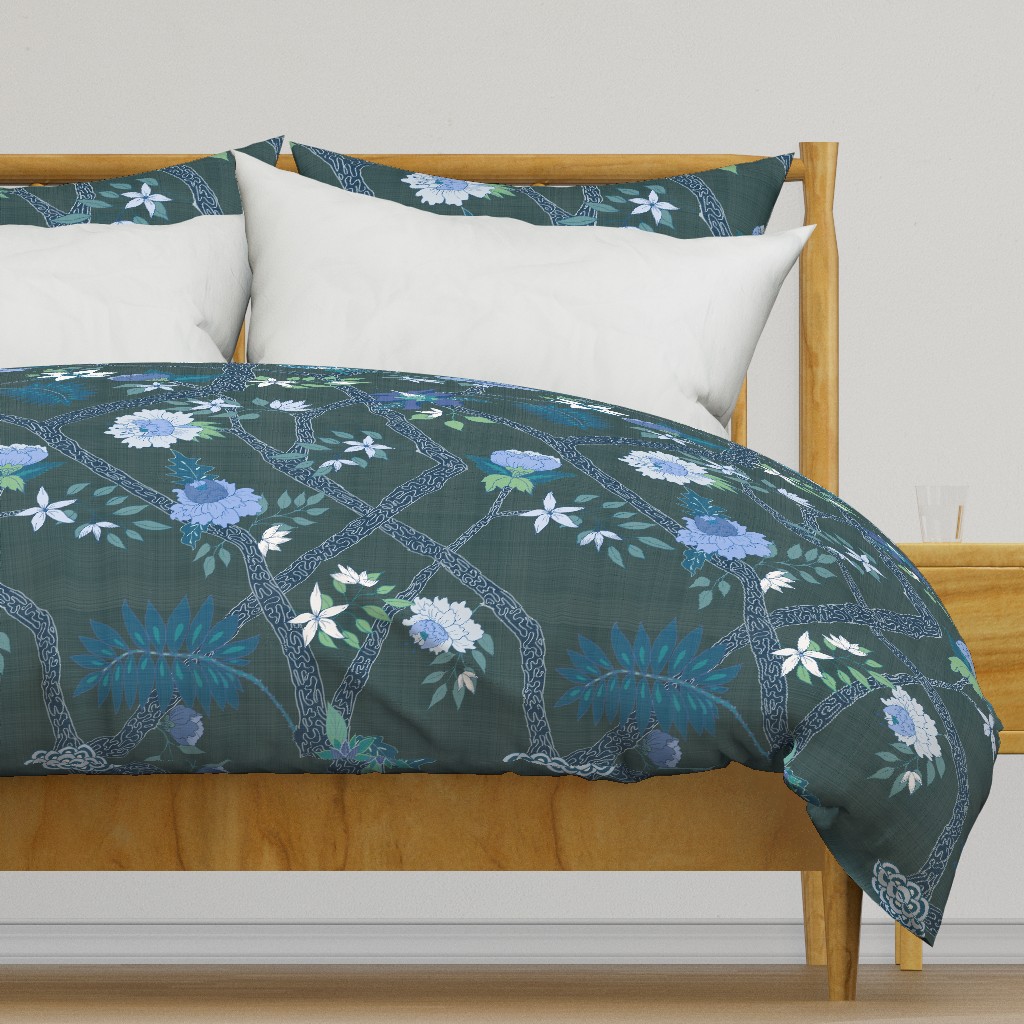 Deluxe Peony Branch Mural- Blue Greens on Dark Emerald