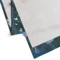 Deluxe Peony Branch Mural- Blue Greens on Dark Emerald