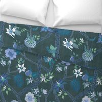 Deluxe Peony Branch Mural- Blue Greens on Dark Emerald