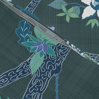 Deluxe Peony Branch Mural- Blue Greens on Dark Emerald