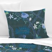 Deluxe Peony Branch Mural- Blue Greens on Dark Emerald