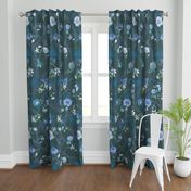 Deluxe Peony Branch Mural- Blue Greens on Dark Emerald