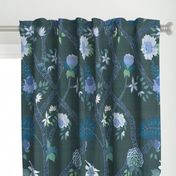 Deluxe Peony Branch Mural- Blue Greens on Dark Emerald