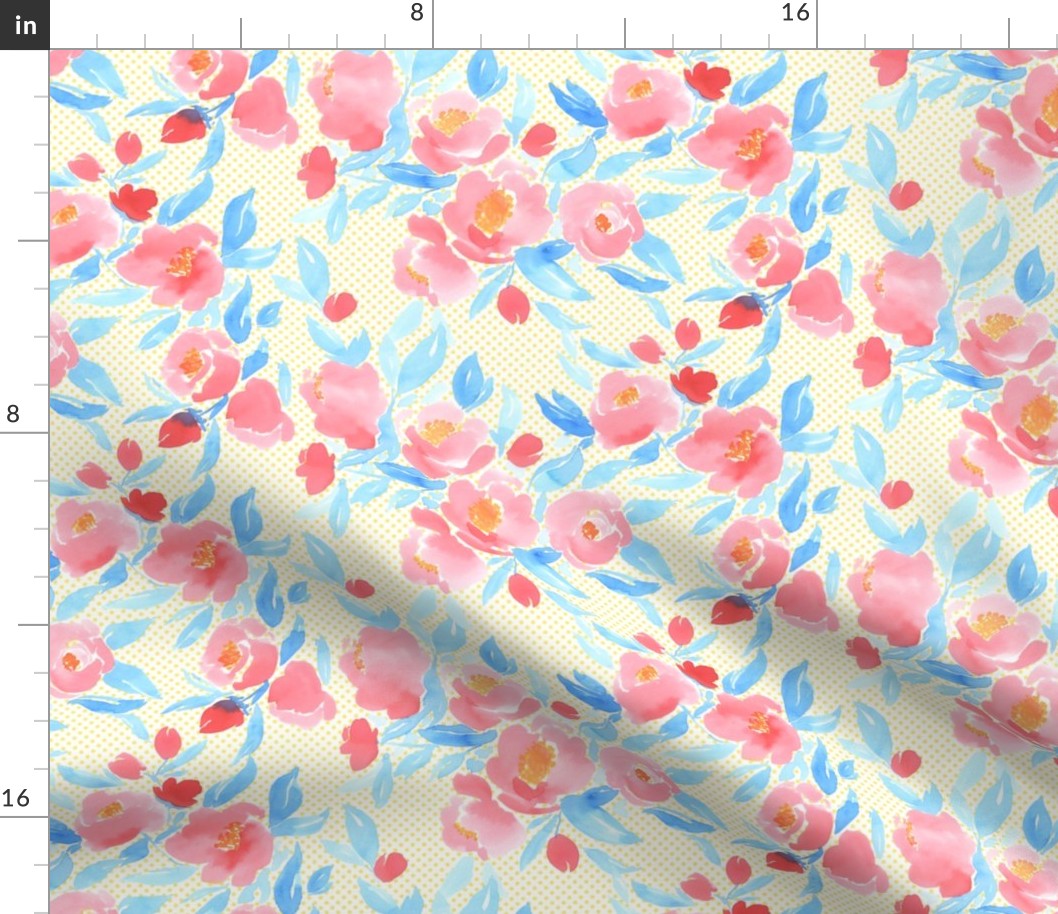 Watercolor Floral Dot Blue Pink with Yellow Dot