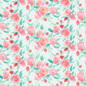 Watercolor Floral Pink and Green with Green Polka Dot