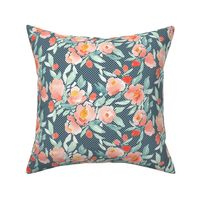 Watercolor Floral Dot Coral with Green With  Dark Navy Background