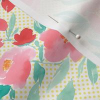 Watercolor Floral Dot In Pink and Green With Yellow Polka Dots