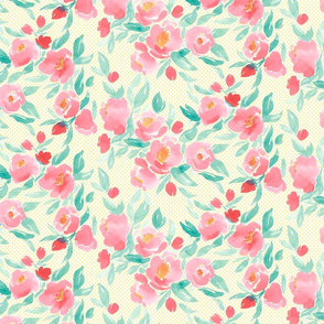 Watercolor Floral Dot In Pink and Green With Yellow Polka Dots