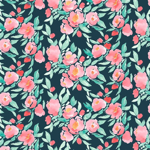 Watercolor Floral in Pink and Mint on Dark Grey