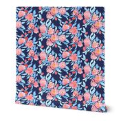 Watercolor Floral Pink and Light Blue On Navy