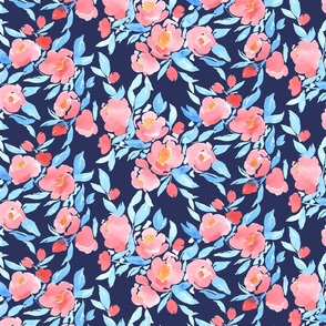 Watercolor Floral Pink and Light Blue On Navy