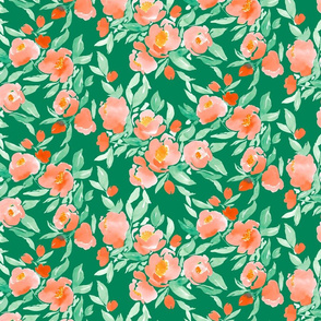 Watercolor Floral Pink in Orange and Green on Green