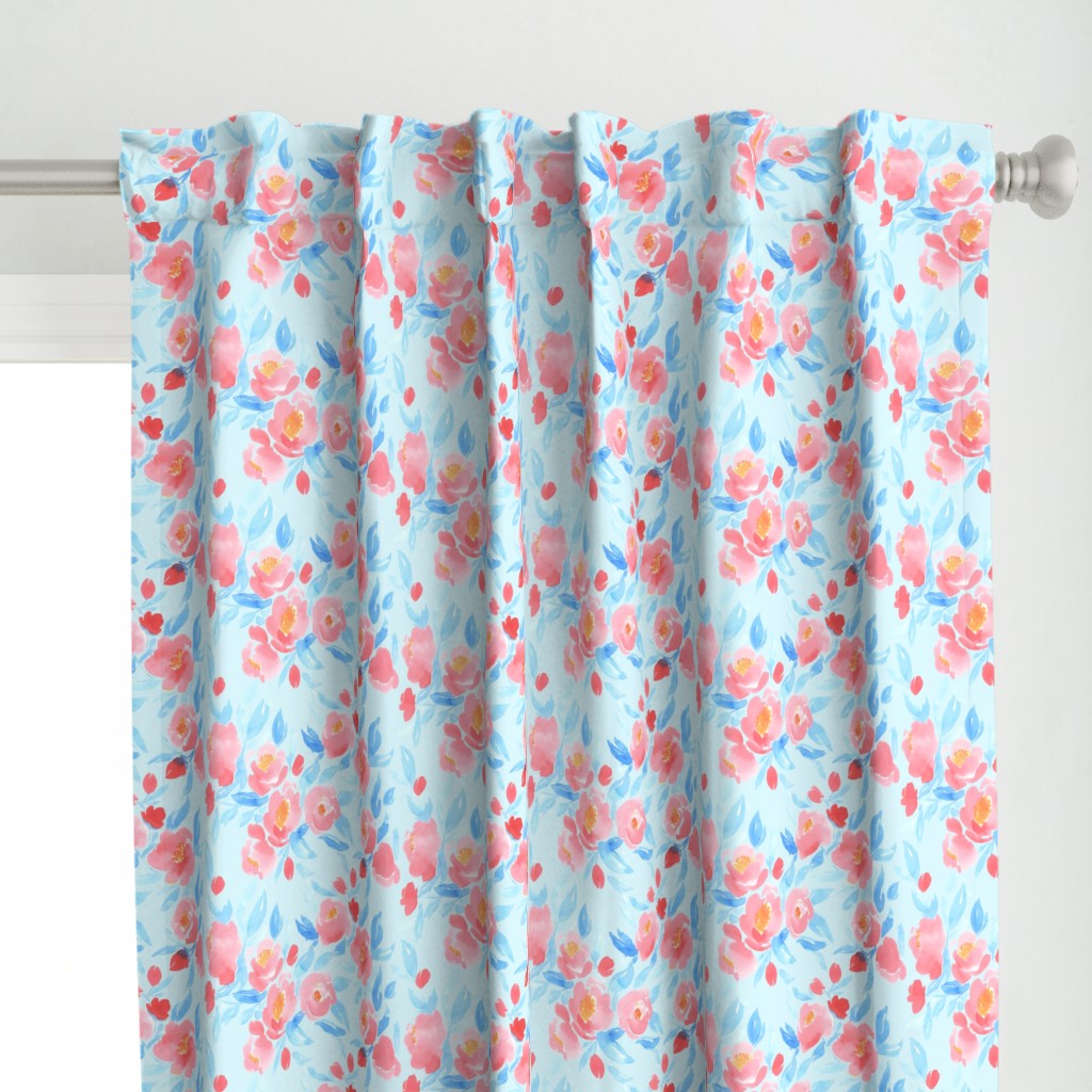 Watercolor Floral In Coral and Blue on Light Blue