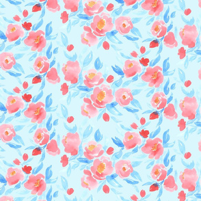 Watercolor Floral In Coral and Blue on Light Blue