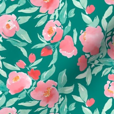 Watercolor Floral in Pink and Green on Jade Green