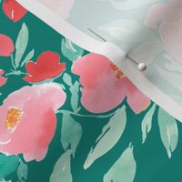 Watercolor Floral in Pink and Green on Jade Green
