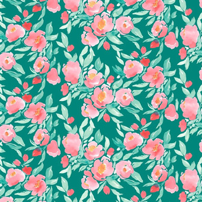 Watercolor Floral in Pink and Green on Jade Green