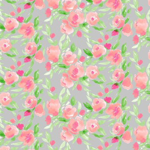 Watercolor Flor in Pink and Green on Grey