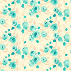 Watercolor Floral Mint and Peach On Cream
