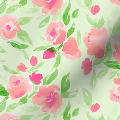 Watercolor Floral in Pink and Pale Green