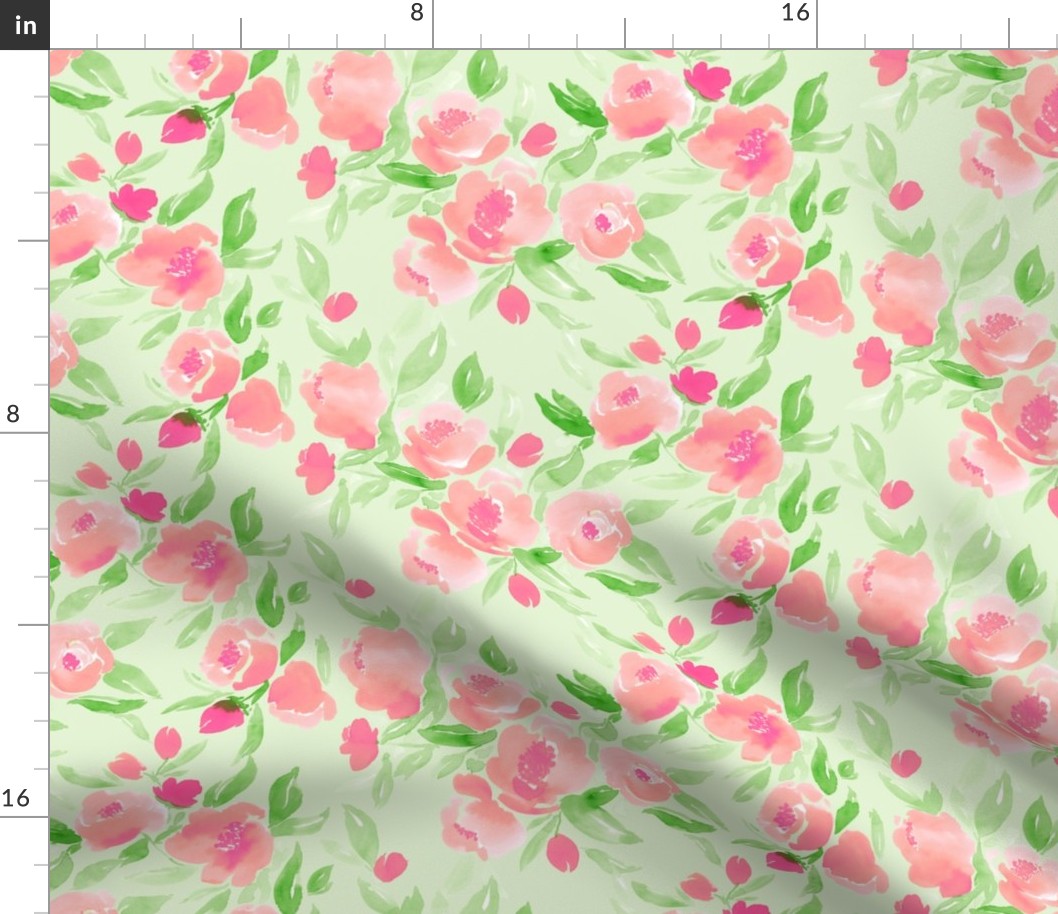 Watercolor Floral in Pink and Pale Green