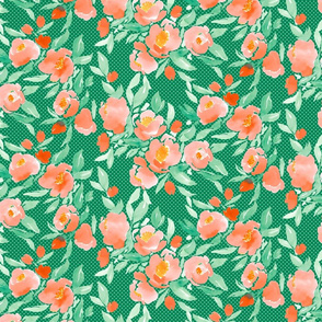 Watercolor Floral Coral and Green With Green on Green Polka Dots