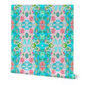 Tobacco Leaf, Flower Burst, Pink, Aqua, Peach, Blue, Green