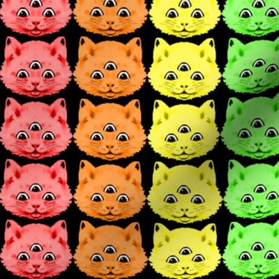 2 colorful rainbow cats kittens heads face 3 eyes aliens mutants kawaii black background red orange yellow neon green blue purple pink third 3rd eye mystical kitsch