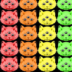 2 colorful rainbow cats kittens heads face 3 eyes aliens mutants kawaii black background red orange yellow neon green blue purple pink third 3rd eye mystical kitsch