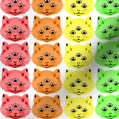 1 colorful rainbow cats kittens heads face 3 eyes aliens mutants kawaii white background red orange yellow neon green blue purple pink third 3rd eye