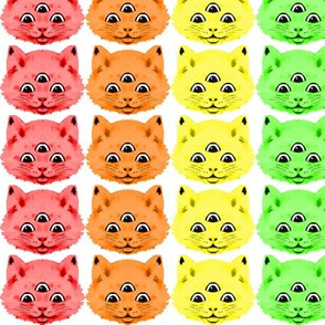 1 colorful rainbow cats kittens heads face 3 eyes aliens mutants kawaii white background red orange yellow neon green blue purple pink third 3rd eye