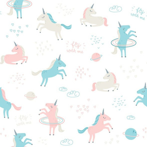 Unicorns in Space - soft pink, blue, beige - SMALL