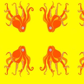 Large - Digitally Hand Drawn  Orange Octopus Swim Meet on Yellow 