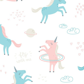 Unicorns in Space - soft pink, blue, beige - BIG