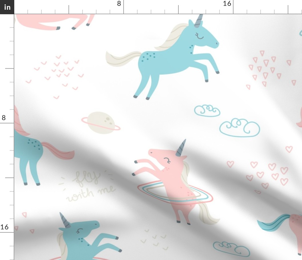 Unicorns in Space - soft pink, blue, beige - BIG