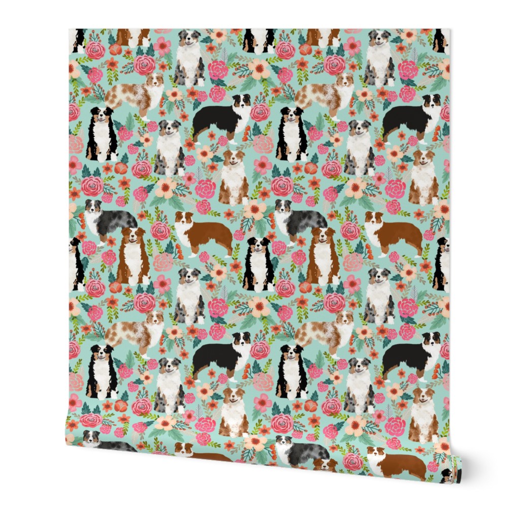 aussie florals (smaller) cute mint australian shepherd dogs fabric cute vintage flowers aussie dog flowers